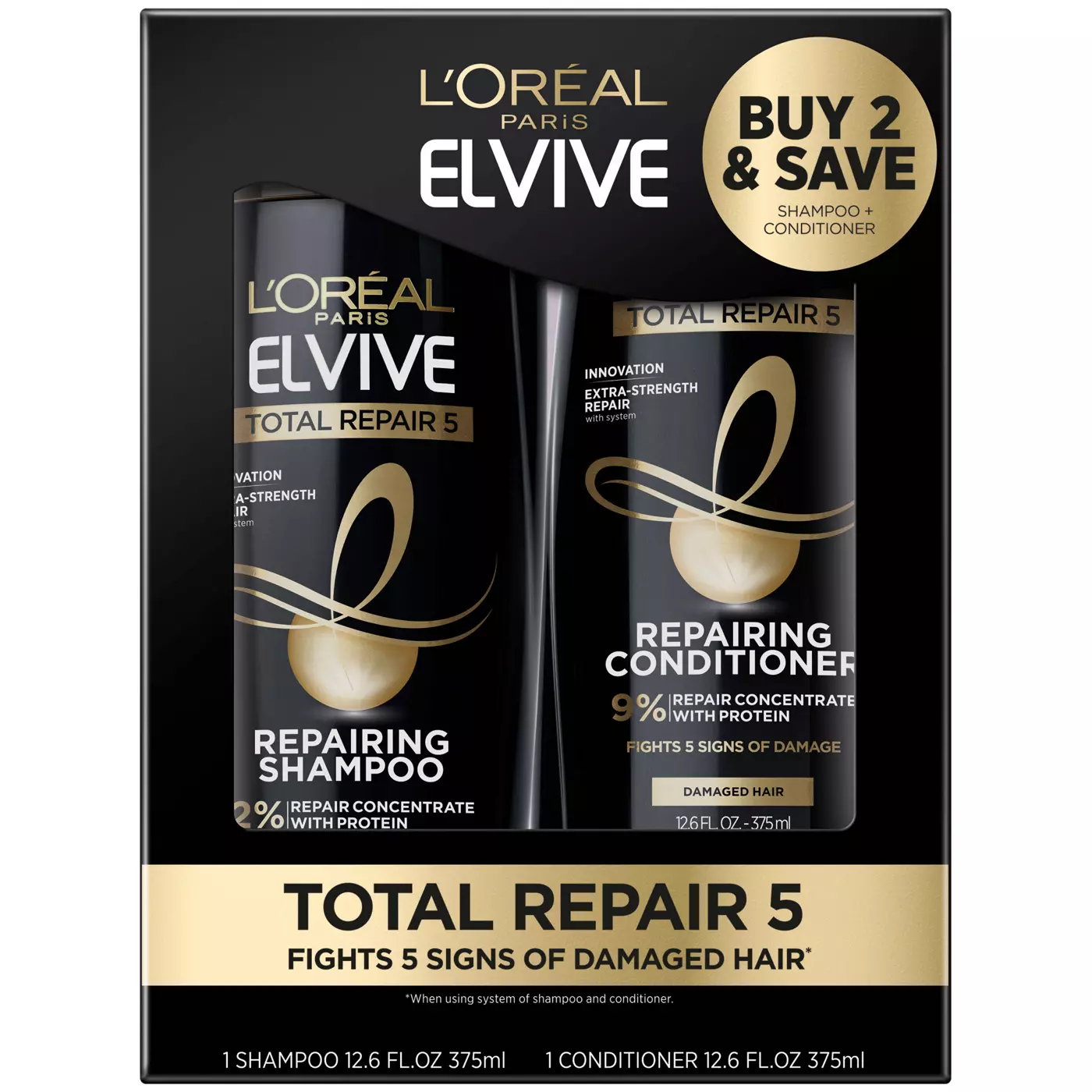 L'Oréal Paris Elvive Total Repair 5 Repairing Shampoo and Conditioner Set, 12.6 fl oz